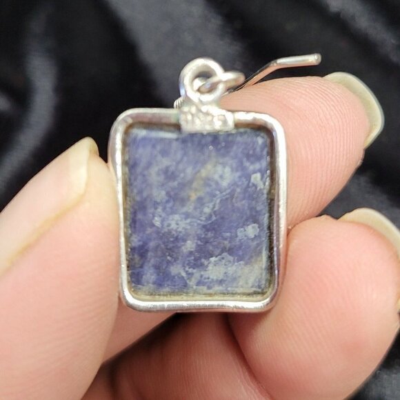 Vintage SI 925 Silver & Sodalite Drop Earrings Rectangular Estate Hook Earwires - Picture 6 of 10